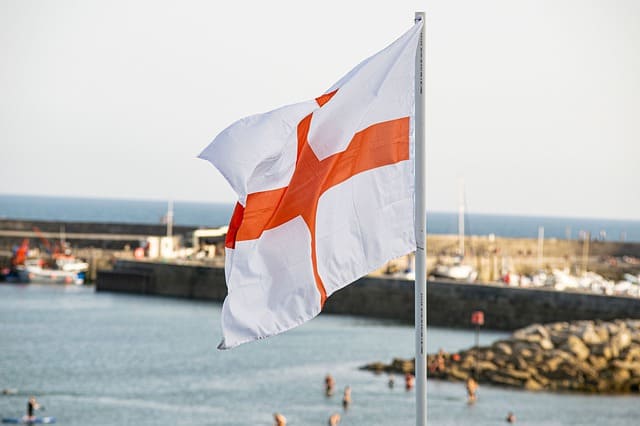 The image of England flag at a port